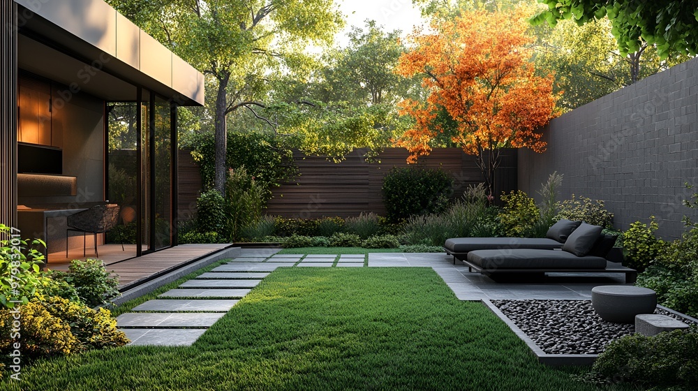 Obraz premium Gravel pathway in a minimalist backyard surrounded by geometric pavers and greenery