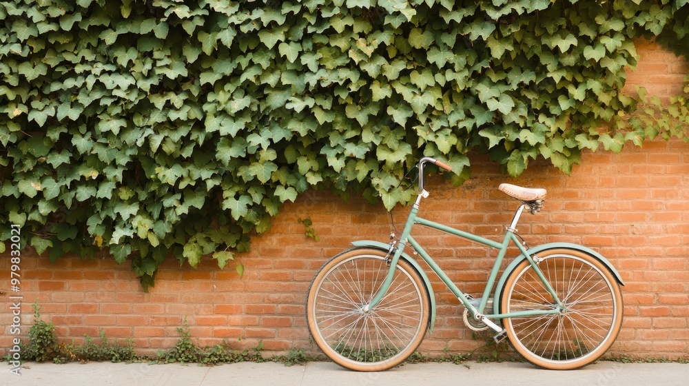 Fototapeta premium Green Bicycle Against Brick Wall with Vines