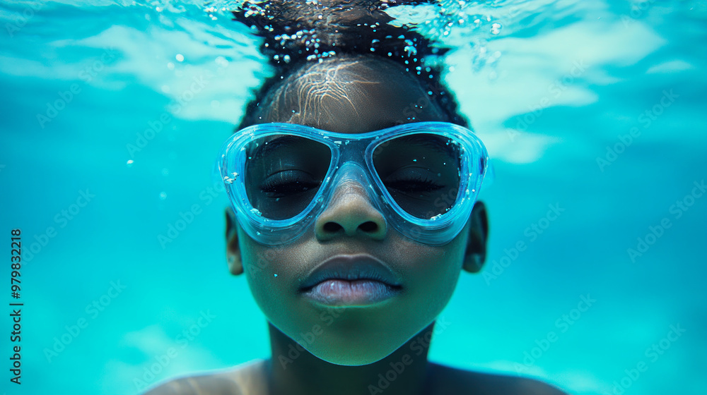 Naklejka premium Portrait of a dark-skinned boy swimming underwater wearing diving goggles