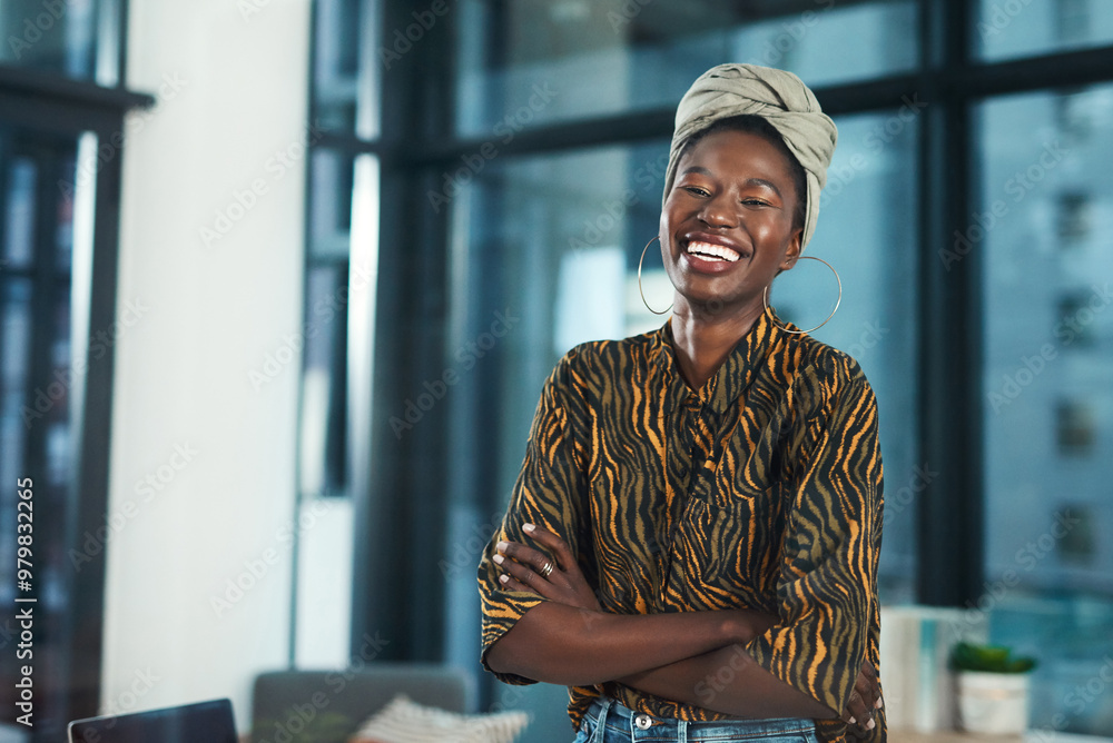 Black woman, portrait and arms crossed in office, writer and fashion reporter at publishing agency. Female person, employee and confident in workplace, welcome and job hiring opportunity in Kenya Black woman, portrait and arms crossed in office, writer and fashion reporter at publishing agency. Female person, employee and confident in workplace, welcome and job hiring opportunity in Kenya