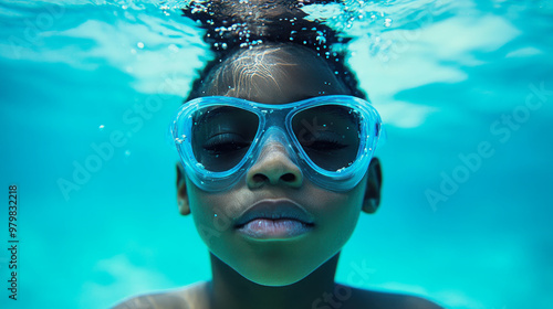 Portrait of a dark-skinned boy swimming underwater wearing diving goggles