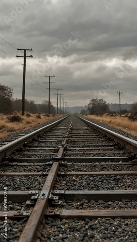 Railway track stretching to the horizon through a stark landscape.