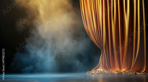 Opulent curtains unveil a majestic stage with swirling smoke.