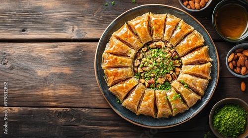 A Baklava. The most popular Turkish dishes. A sweet pastry made of layers of filo dough filled with chopped nuts and sweetened with honey or syrup. photo