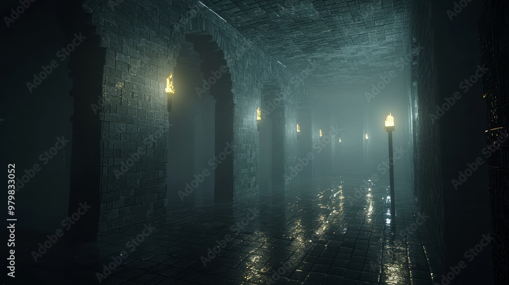 Enigmatic 3D Cube Landscape: Dark Castle with Flickering Torches and Pixelated Shadows Enigmatic 3D Cube Landscape: Dark Castle with Flickering Torches and Pixelated Shadows