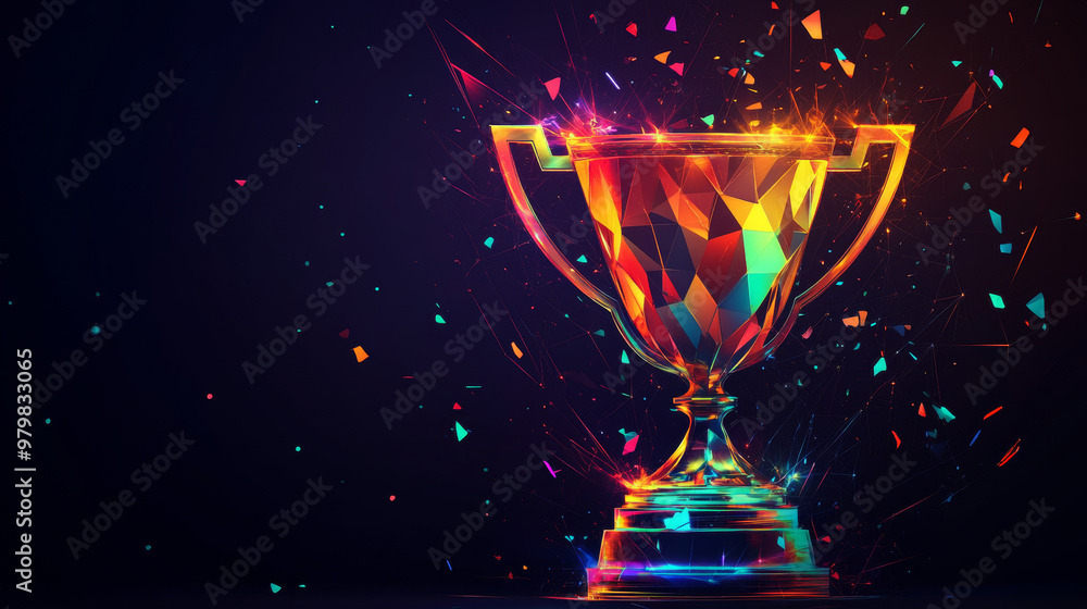 Champion trophy in glowing polygonal style on black background. Championship concept. Champion trophy in glowing polygonal style on black background. Championship concept.
