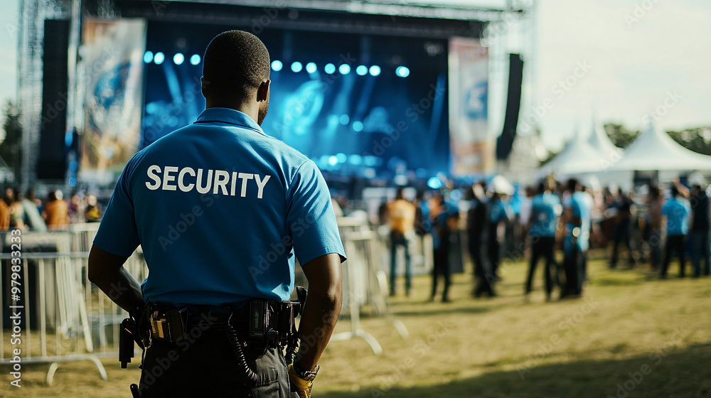 Security guard surveilling a large crowd at an outdoor music festival Security guard surveilling a large crowd at an outdoor music festival