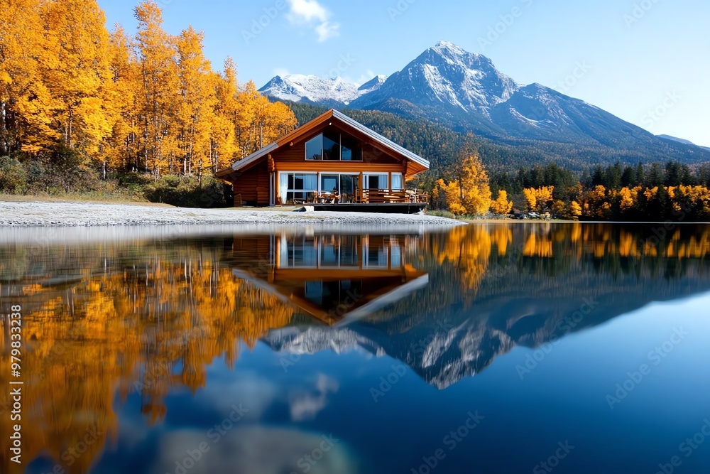 Fototapeta premium A peaceful lakeside cabin, with the reflection of trees and mountains in the still water