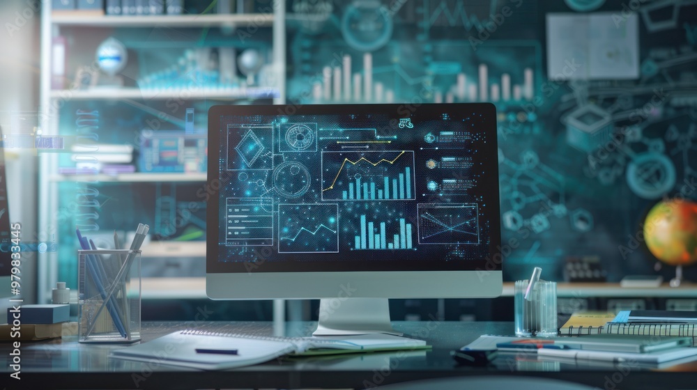 Fototapeta premium Computer with Data Analysis and Charts on Screen