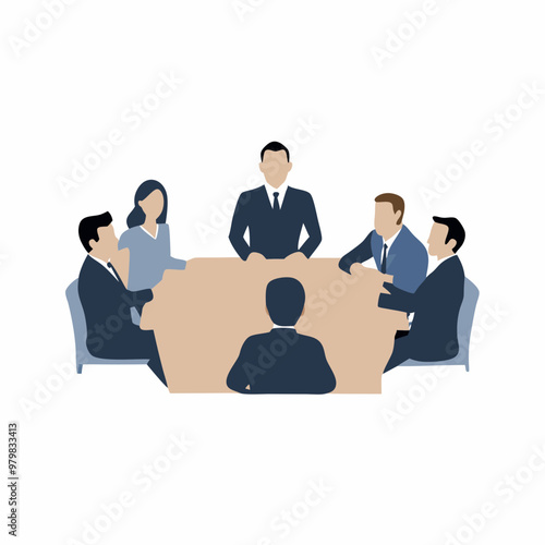 Business meeting with six professionals discussing strategies around a large table in a modern office
