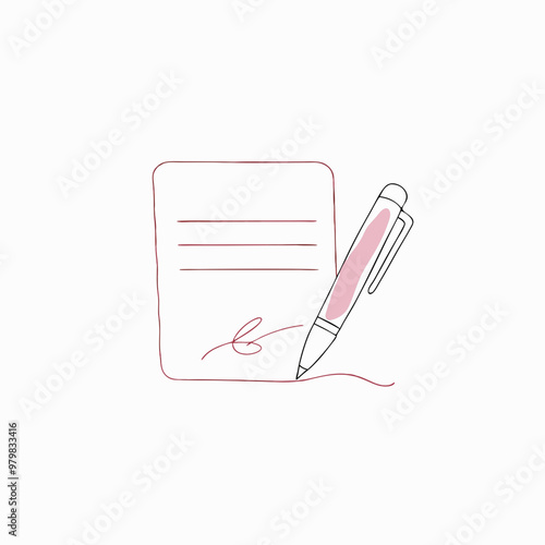 Signing a contract with a pink pen on a lined paper in a simple outline style with copy space