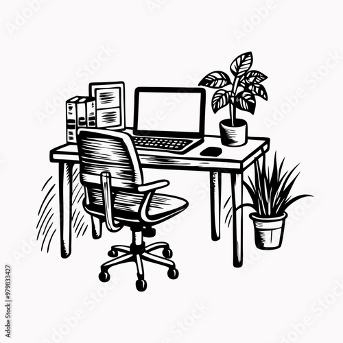 Sketch of a cozy workspace featuring a desk with a laptop, books, and plants in a black and white artistic style
