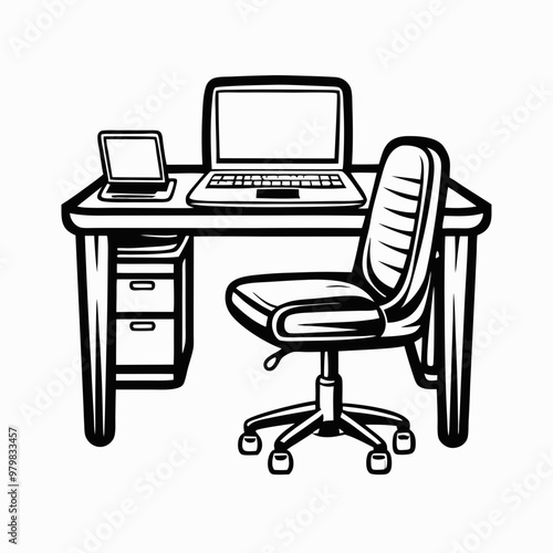 Black and white sketch of a workspace featuring a desk with a laptop, tablet, and a comfortable office chair