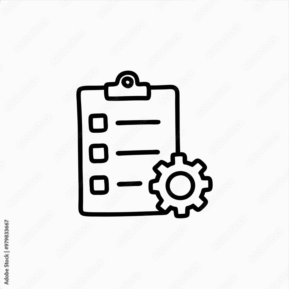 Line art clipboard checklist with settings gear icon on white background Line art clipboard checklist with settings gear icon on white background