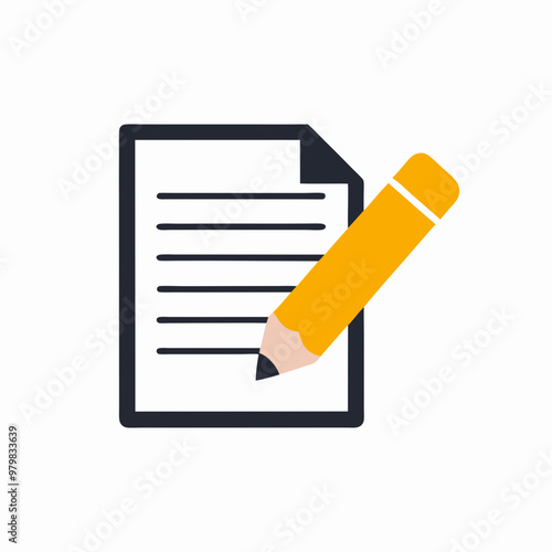 Yellow pencil writing on a lined note paper in a modern flat design style with copy space