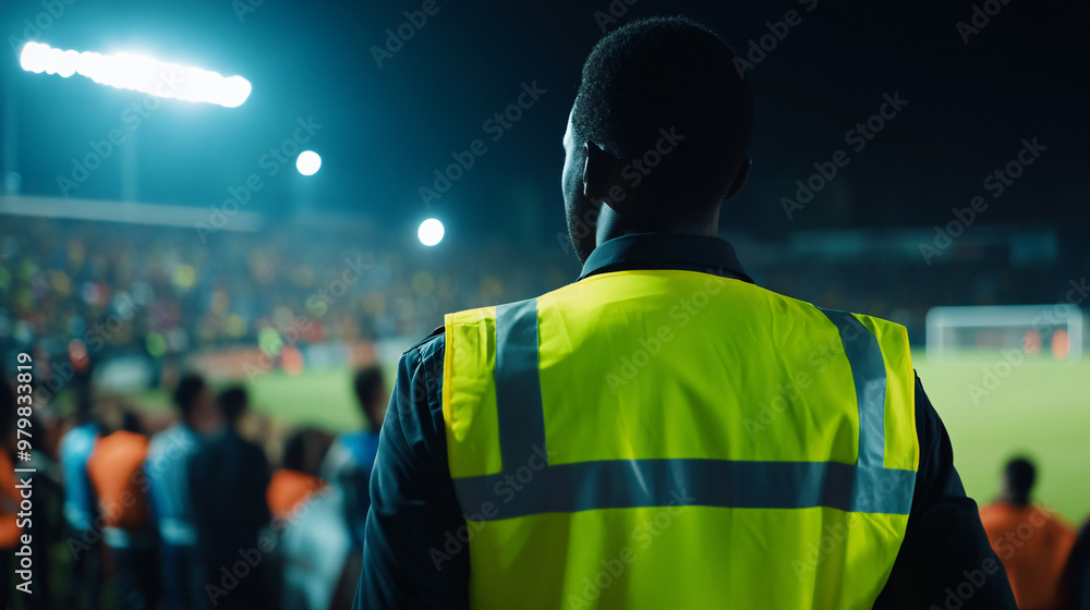 Security guard ensures the safety of spectators during a nighttime football game Security guard ensures the safety of spectators during a nighttime football game