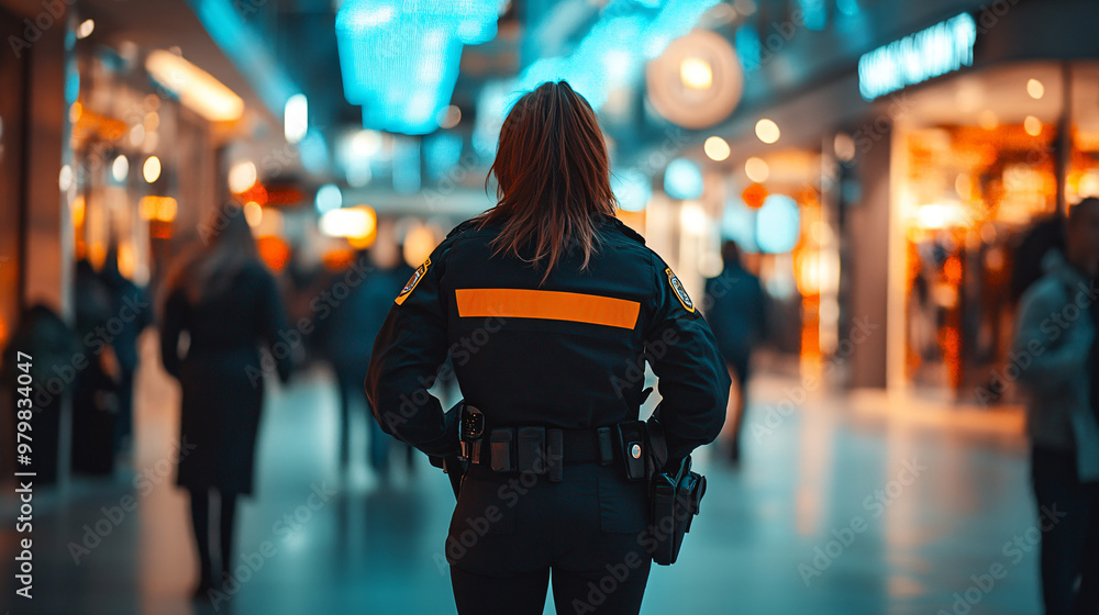 Security guard ensures the safety of shoppers and employees in a bustling shopping mall Security guard ensures the safety of shoppers and employees in a bustling shopping mall