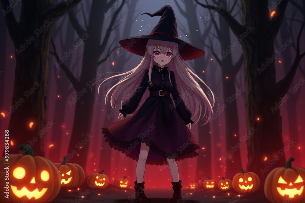 cute anime girl in a witch costume against a forest background, Halloween, wallpaper. cute anime girl in a witch costume against a forest background, Halloween, wallpaper.