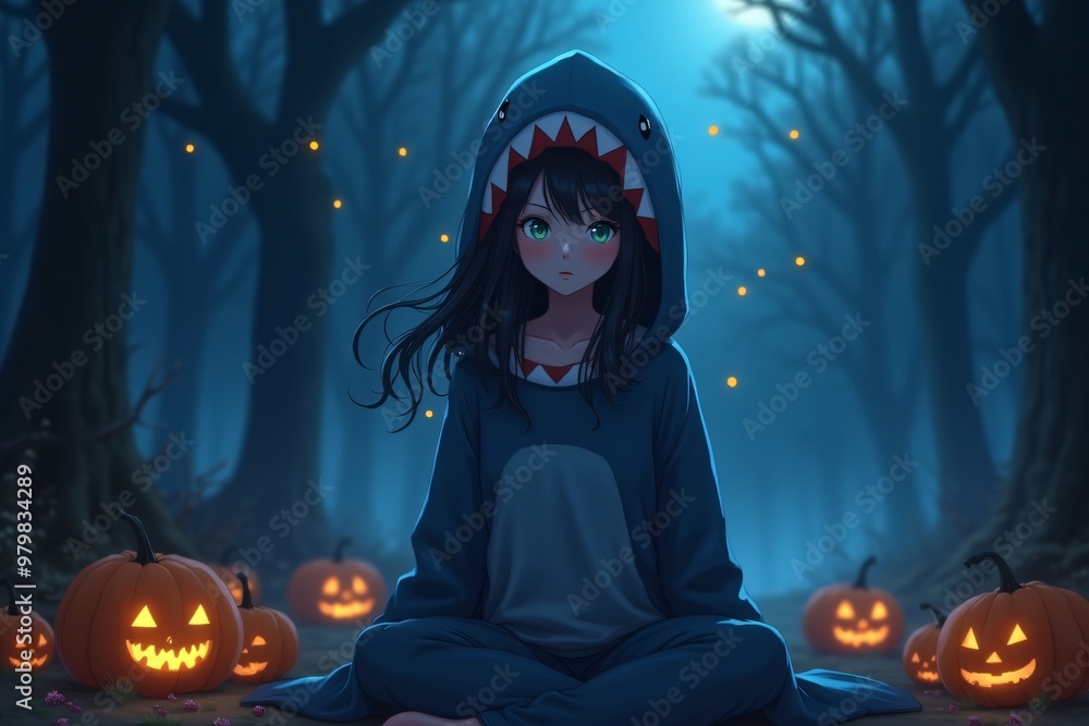 cute anime girl in a shark costume against a forest background cute anime girl in a shark costume against a forest background