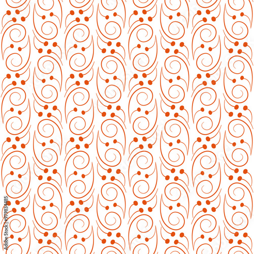 Seamless floral pattern of curved lines. Orange curls on a white background. Stylized branches with berries. Ethnic rustic style. Monochrome orange plant decor for clothes, home, etc.