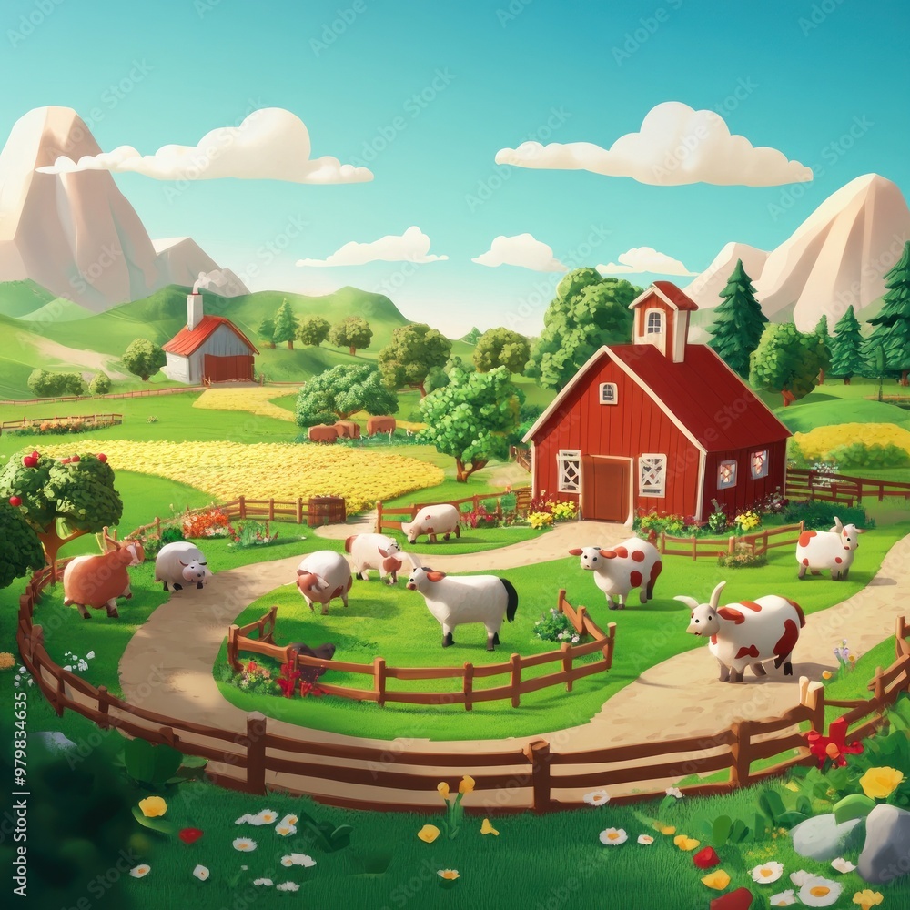 A vibrant cartoon farm scene with animals, a barn, and mountains in the background. A vibrant cartoon farm scene with animals, a barn, and mountains in the background.