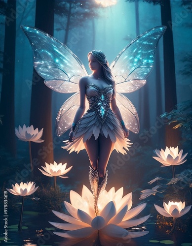 Darklit forest with beautiful flowers and a plus-sized fairy. photo