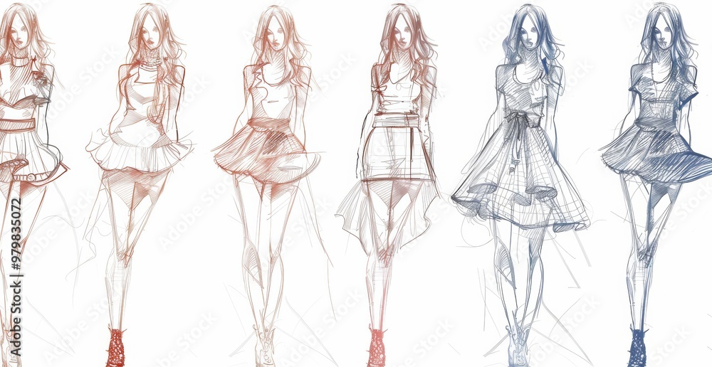5 fashion sketches of women in different poses, full body 5 fashion sketches of women in different poses, full body