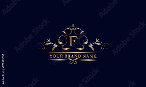 Elegant initial letter F monogram template. Exquisite illustration of company brand, emblem for restaurant, royalty, boutique, cafe, hotel, heraldic, jewelry, fashion.