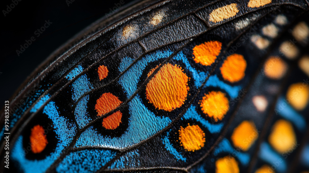 Close-up of a butterfly wing featuring blue and orange patterns on a black background. Close-up of a butterfly wing featuring blue and orange patterns on a black background.