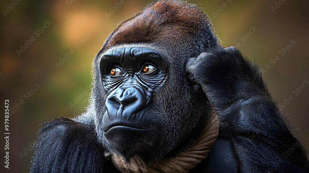 Close-up portrait of gorilla with fur collar and wise eyes. Close-up portrait of gorilla with fur collar and wise eyes.