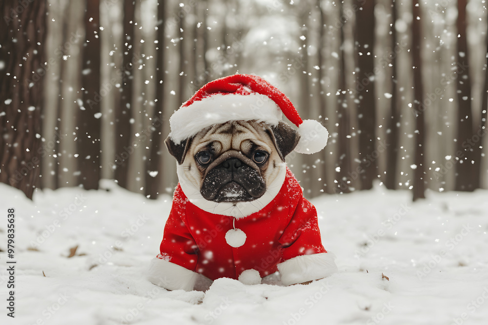A pug dressed as Santa Claus in the snow. Winter concept. Christmas concept. Animals concept. A pug dressed as Santa Claus in the snow. Winter concept. Christmas concept. Animals concept.