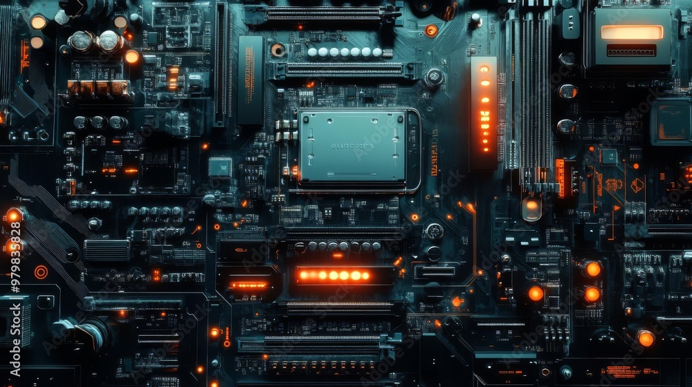 Close-up of a computer motherboard with glowing lights, showcasing intricate circuitry and technology components in a futuristic setting. Close-up of a computer motherboard with glowing lights, showcasing intricate circuitry and technology components in a futuristic setting.