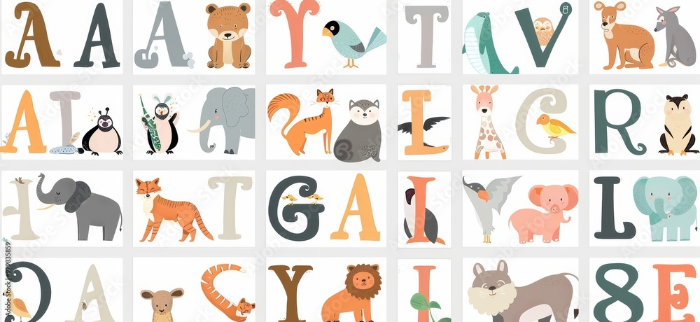 30 alphabet flash cards with letters from A to Z, each letter is accompanied by an animal illustration and white background. The animals include elephant, fox, dog, cat, rabbit, bird, horse, pig, monk 30 alphabet flash cards with letters from A to Z, each letter is accompanied by an animal illustration and white background. The animals include elephant, fox, dog, cat, rabbit, bird, horse, pig, monk