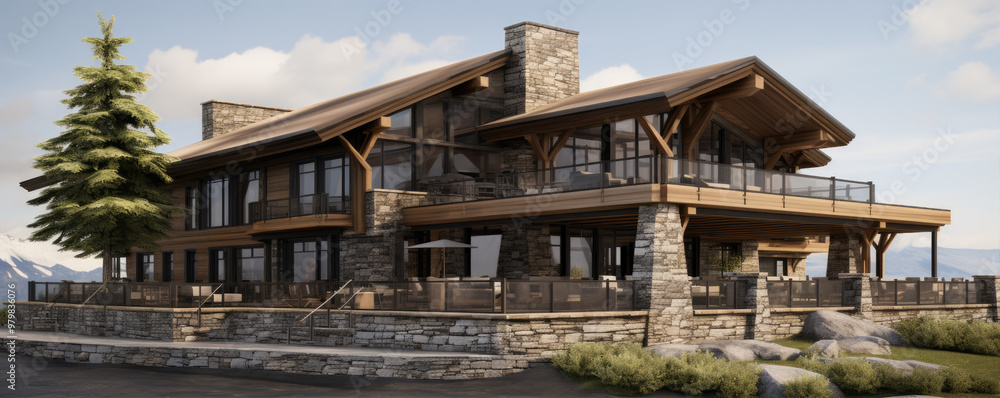 Wooden modern chalet in alps mountains. Super modern houses or huts with big windows