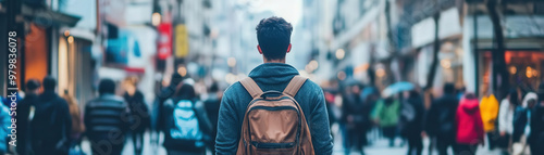 A person walking in crowded street, surrounded by bustling urban environment, exudes sense of exploration and adventure. scene captures essence of city life