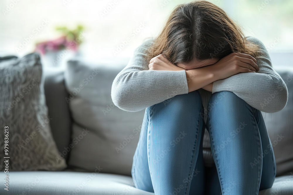 A woman sitting on couch, hugging her knees, appears to be in moment of reflection or sadness. soft lighting and cozy setting enhance emotional atmosphere A woman sitting on couch, hugging her knees, appears to be in moment of reflection or sadness. soft lighting and cozy setting enhance emotional atmosphere