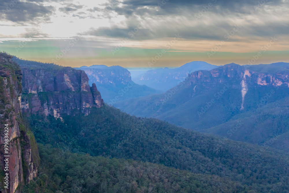Naklejka premium Photograph of bushland and the natural amphitheatre of the scenic Grose Valley near Blackheath in the Blue Mountains in New South Wales, Australia.