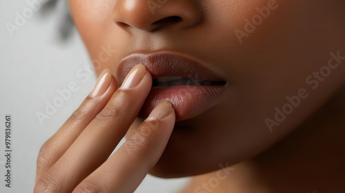 Closeup of person biting their lip, showcasing soft skin and delicate features, conveying sense of intimacy and allure