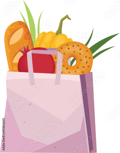 Reusable grocery bag. Cartoon eco shopping bag, zero waste bags with vegetables and fruits flat vector illustration icon. No waste textile shopping bag on white background