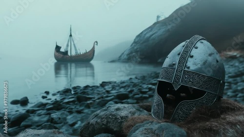 Viking Helmet Near Misty Waterscape