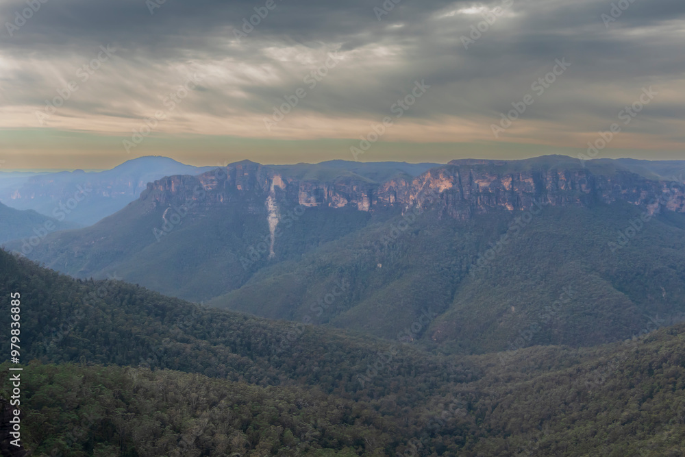 Fototapeta premium Photograph of bushland and the natural amphitheatre of the scenic Grose Valley near Blackheath in the Blue Mountains in New South Wales, Australia.