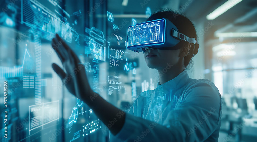 A person wearing VR glasses, holding their hands up to touch virtual screens and digital data graphics floating in the air around them. A person wearing VR glasses, holding their hands up to touch virtual screens and digital data graphics floating in the air around them.