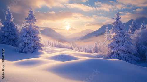 Traumhafte Winterlandschaft mit verschneiden Bergen und Tannen in einem weichem Licht, romantisches Winterpanorama  photo