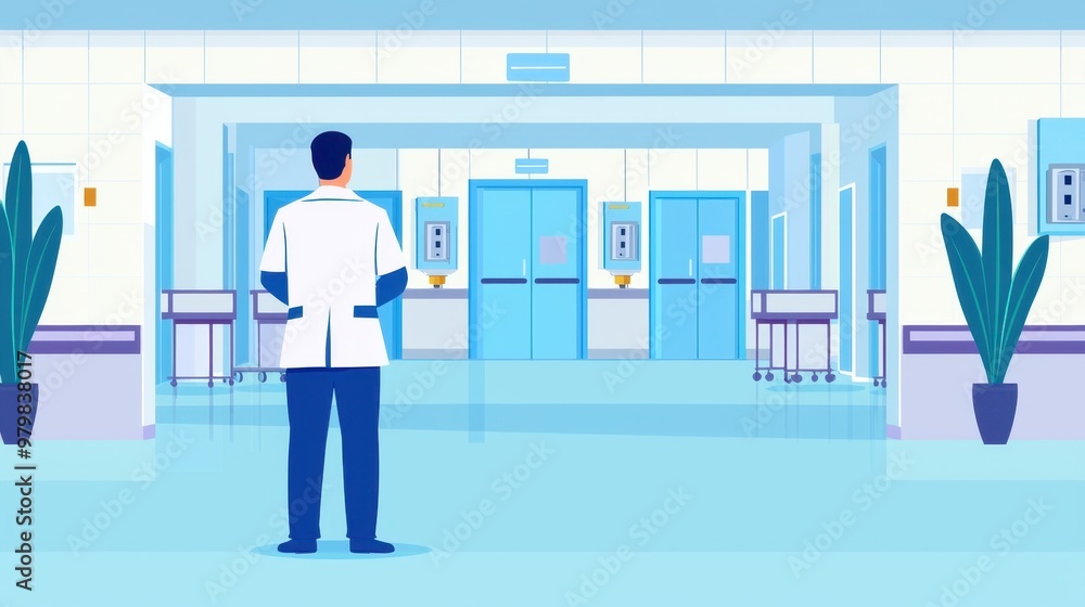 Obraz premium Doctor Standing In Hospital Corridor With Blue Doors