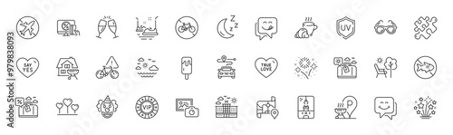 Yummy smile, Travel sea and Ice cream line icons. Pack of Travel luggage, Moon, Fireworks stars icon. Deckchair, Uv protection, Vip chip pictogram. Puzzle, Bike attention, Champagne glasses. Vector