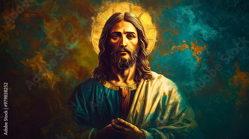 The iconographic image depicts Jesus Christ as God, with a golden halo above His head and His hands joined.