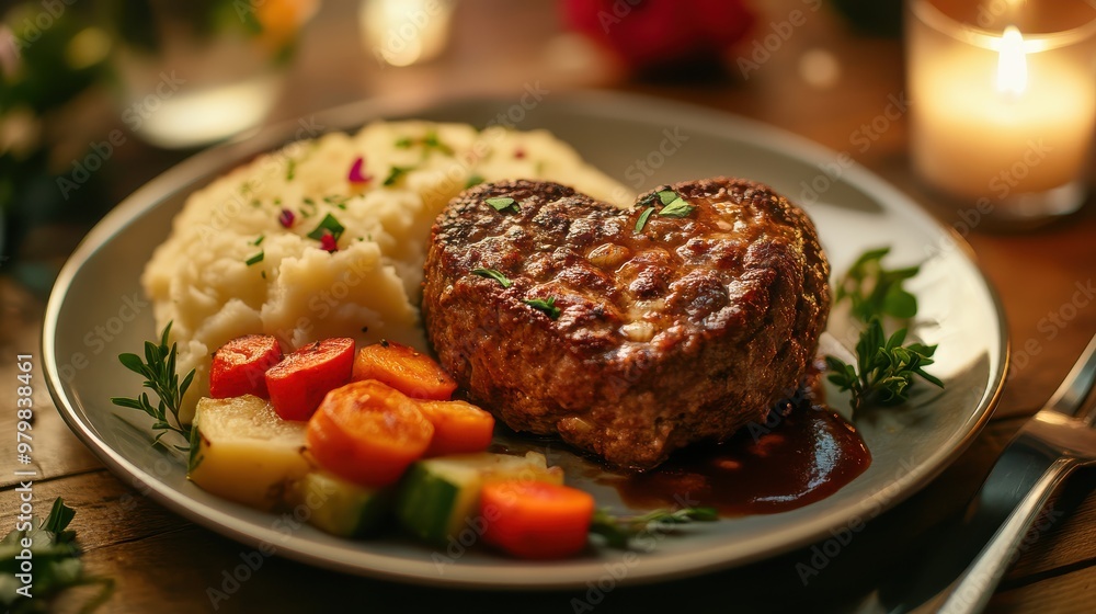 A romantic candlelit dinner with heart-shaped meatloaf, mashed potatoes, and vegetables, arranged beautifully on a plate A romantic candlelit dinner with heart-shaped meatloaf, mashed potatoes, and vegetables, arranged beautifully on a plate