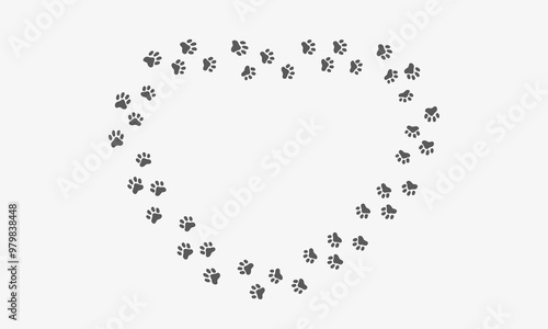 Animal track frame, paw prints with empty space for text. Heart shaped border. Vector