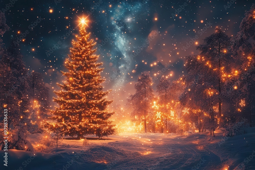 enchanted winter forest with ornate christmas tree northern lights dancing in starry sky magical atmosphere enchanted winter forest with ornate christmas tree northern lights dancing in starry sky magical atmosphere