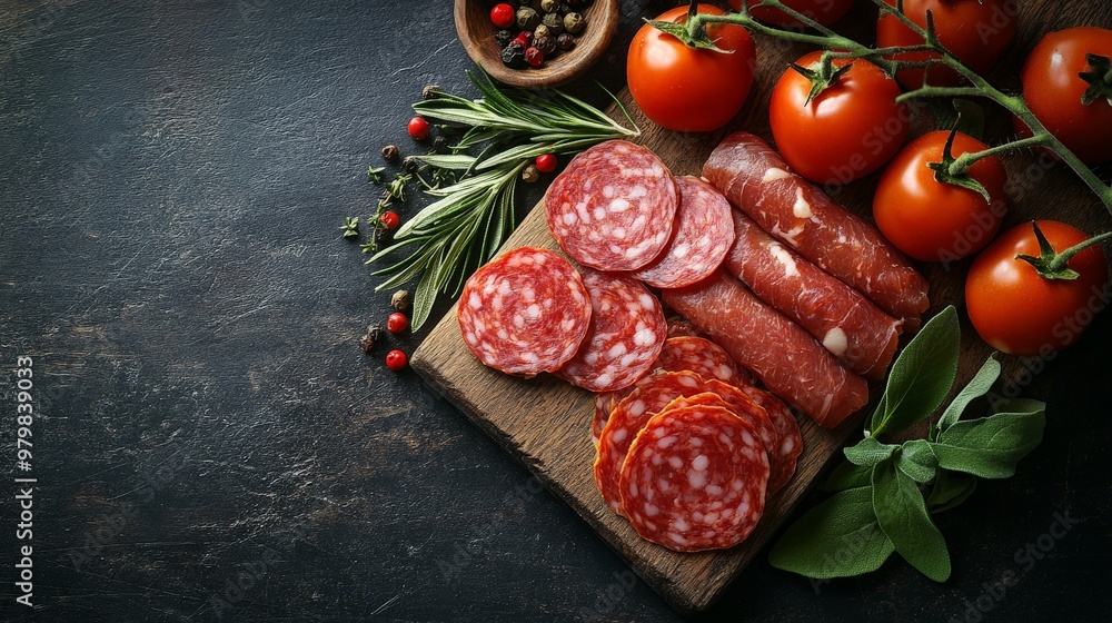 A fillet meat and salami with tomatoes, top view. The image should have copy-space A fillet meat and salami with tomatoes, top view. The image should have copy-space